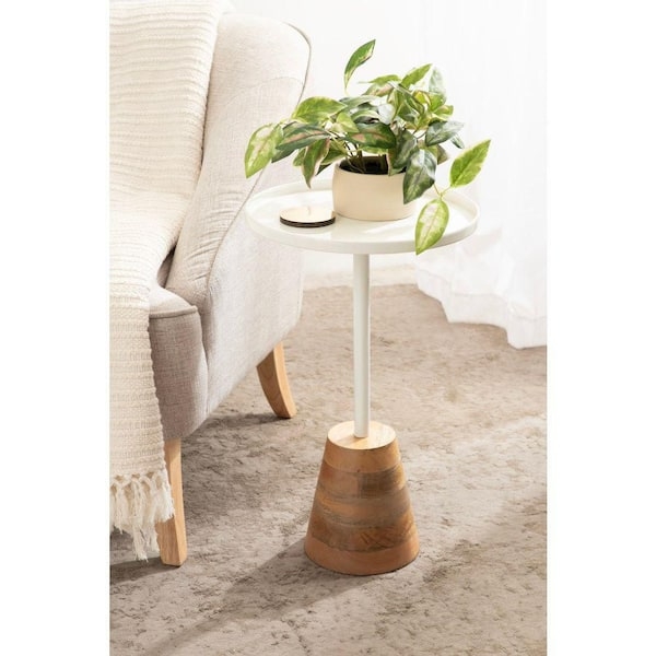 End Table Round White Metal Frame with Wood Tray Top Design