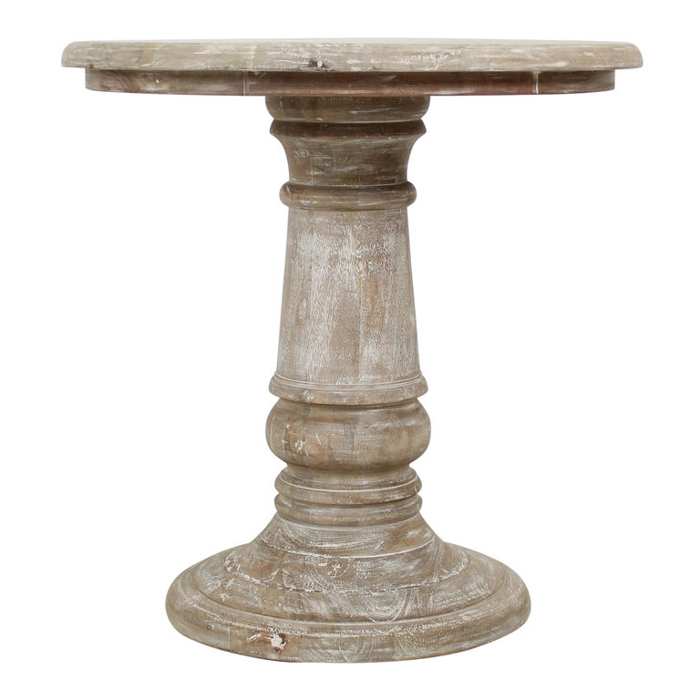 End Table, Round Whitewashed Wood, Distressed Carved Pedestal Base