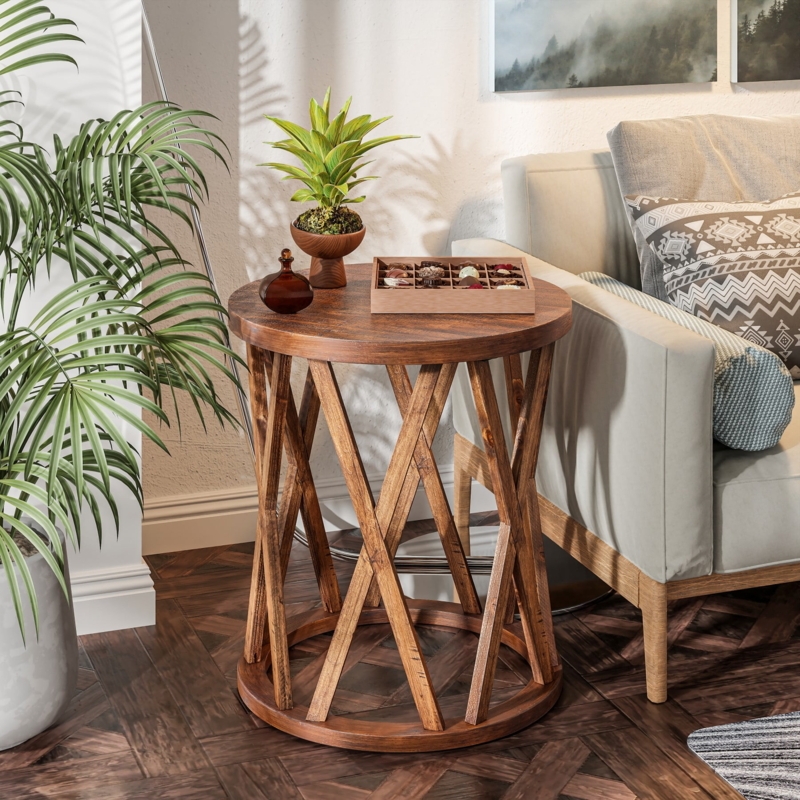 End Table Round Wood X-Motif Base Farmhouse Side Table