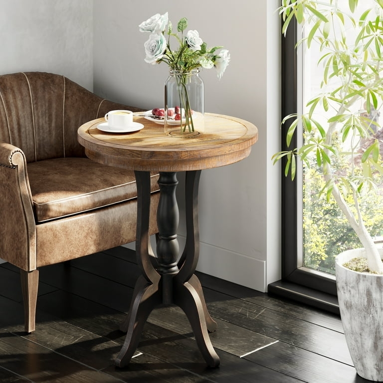 End Table Rustic Farmhouse Round Raised Rim Top Pedestal Base Black Finish