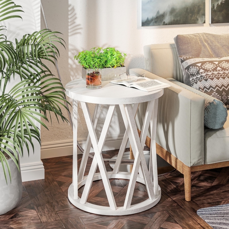 End Table Rustic Round X-Motif Legs Antique White