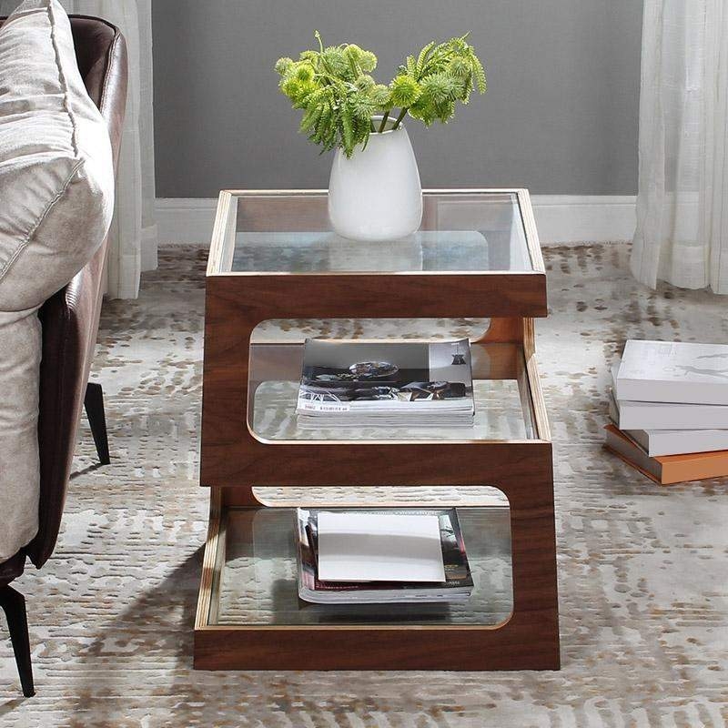 End Table S-Shaped Three Tier Glass with Walnut Frame