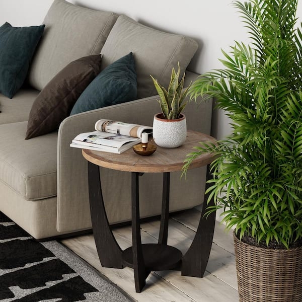 End Table Sculptural Base Rustic Side Table with Shelf Black Brown