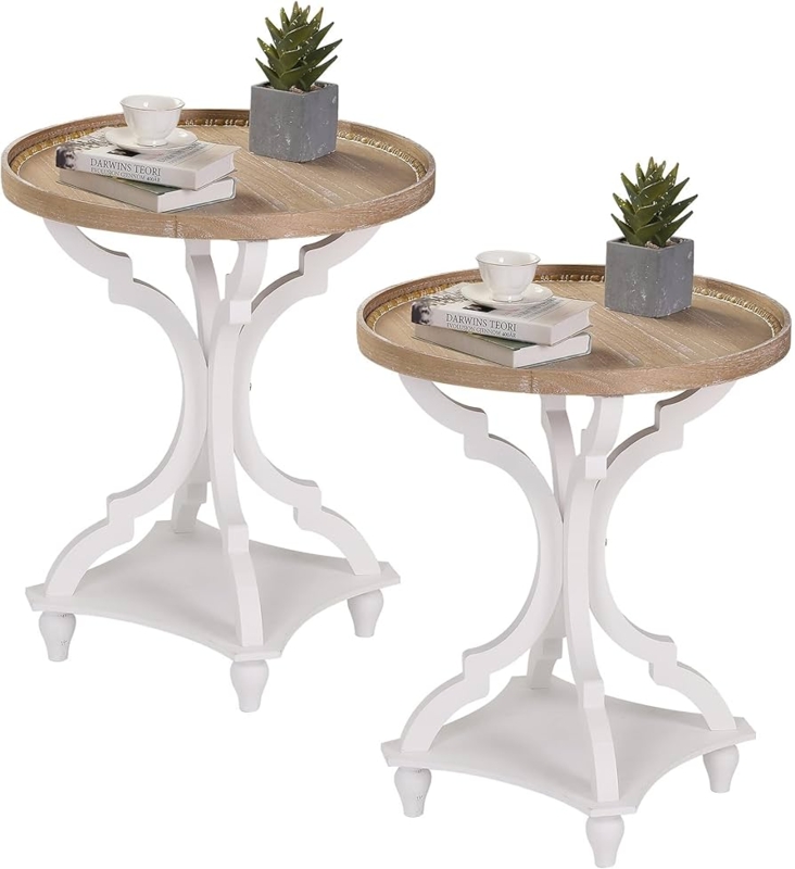 End Table Set of 2 Scrolled Pedestal White Wood Tray Top Farmhouse
