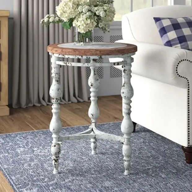 End Table Shabby Chic Round Whitewashed Finish Turned Spindle Legs
