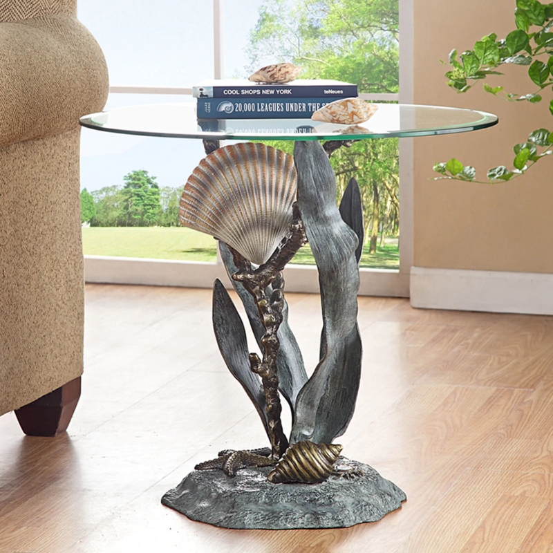 End Table Shell Mosaic and Seagrass Base, Coastal Shell Mosaic End Table