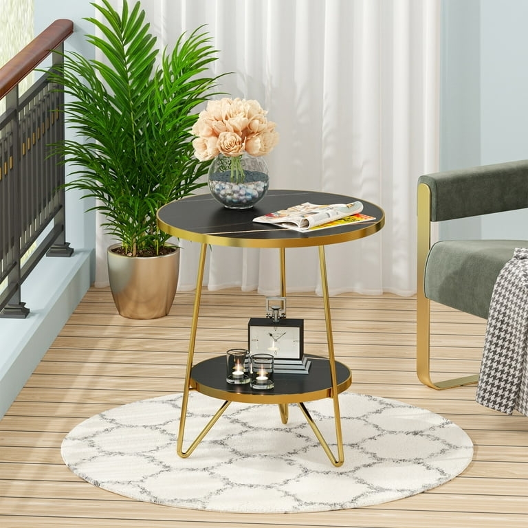 End Table sporting Gold Tripod Legs and Two Black Tiers