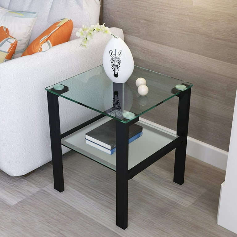 End Table Square Two Tier with Clear and Frosted Glass Shelves