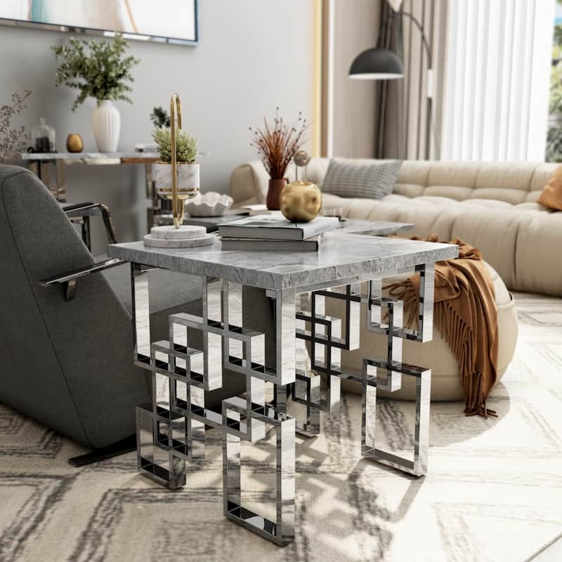 End Table Square White High Gloss Top, Geometric Silver Metal Base, Glam.