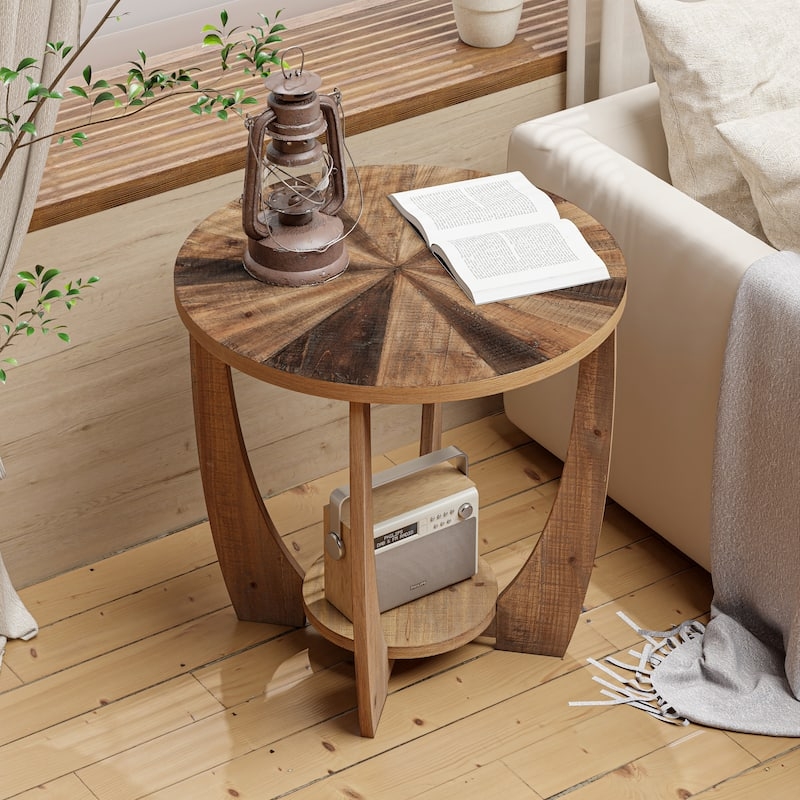 End Table Sunburst Top Crescent Legs Multi-Tonal Wood Lower Shelf
