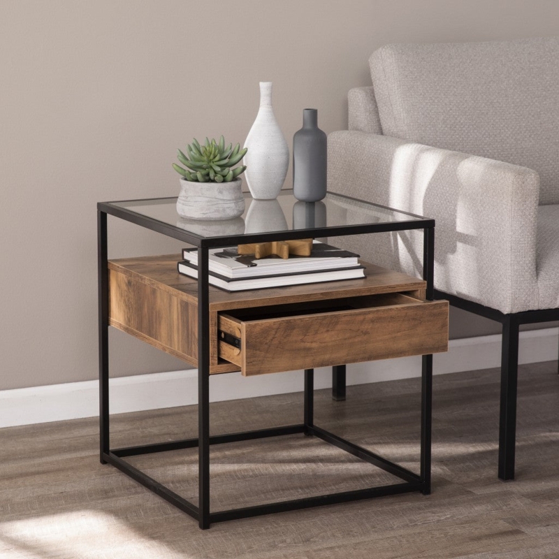 End Table Tapered Iron Legs Glass Top Drawer And Shelf