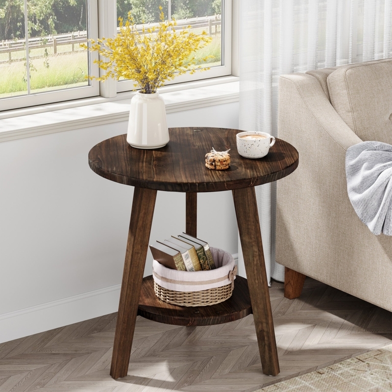 End Table Tapered Tripod Legs Dark Espresso Two-Tier Round Farmhouse