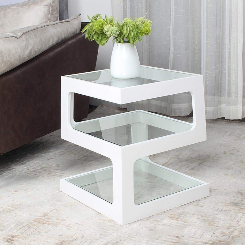 End Table Three-Tier Glass S-Shaped Silhouette Walnut Finish Modern