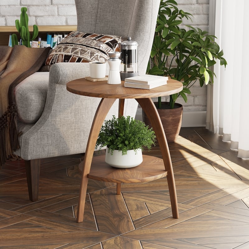 End Table Tripod Base with Two Tier Walnut Curved Leg Design