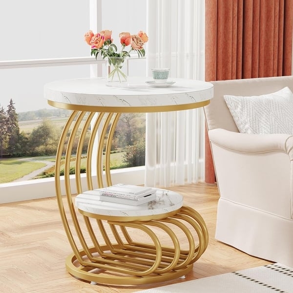 End Table Two Tier Curved Gold Legs Marble Look Round