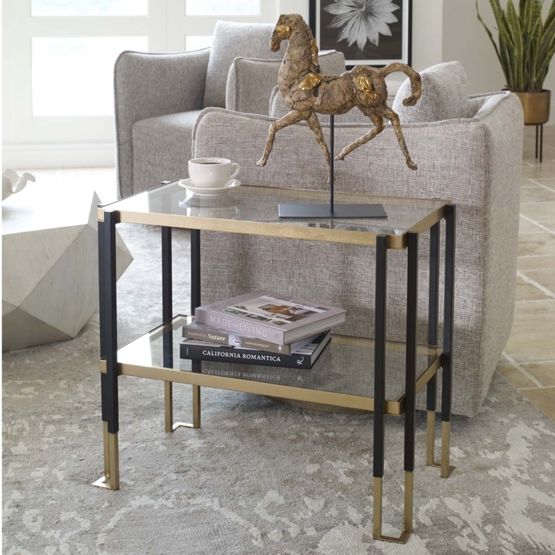 End Table Two Tier Glass with Mixed Black and Gold Finish