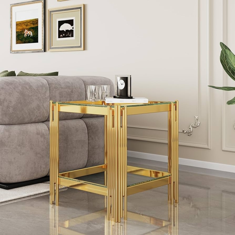 End Table Two Tier Glass with Polished Gold Ribbed Frame