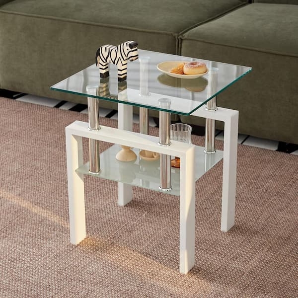 End Table Two Tier Glass with White Architectural Frame