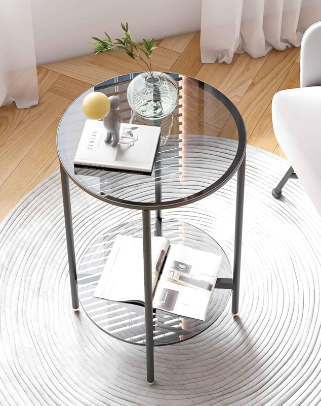 End Table Two-Tier Smoked Glass Top Minimalist Tripod Frame