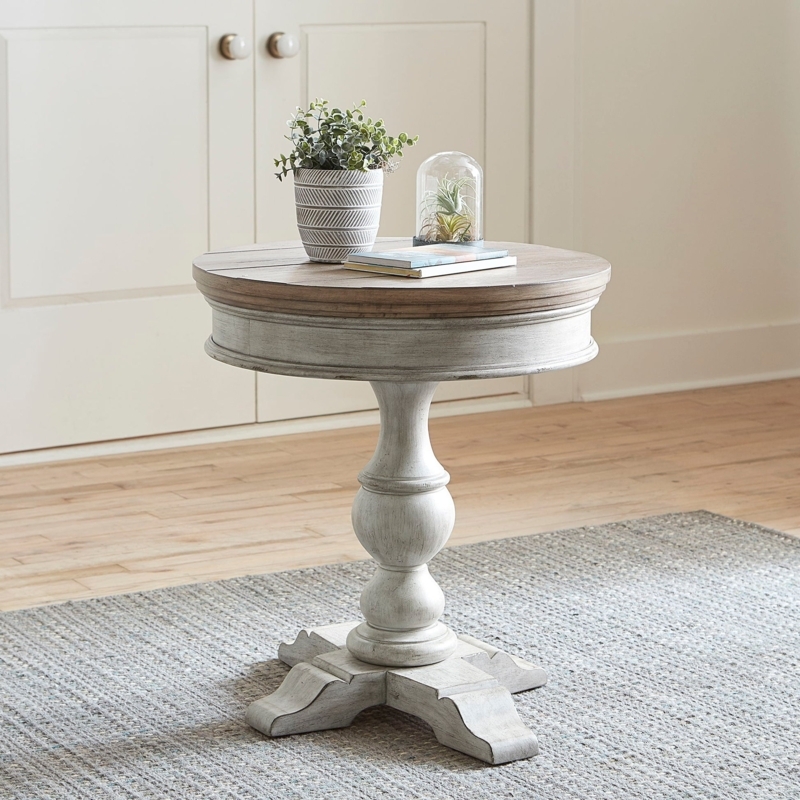 End Table Two Toned Finish Planked Round Top Distressed