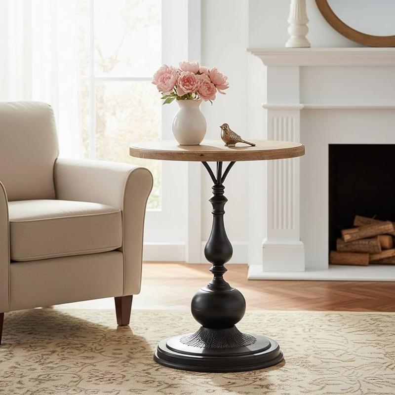 End Table Vintage Farmhouse Round Turned Pedestal Base