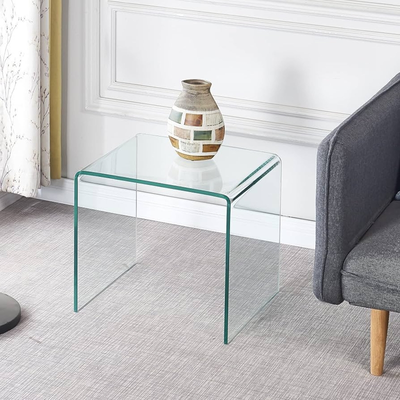 End Table Waterfall Edge Clear Glass U-Shaped Waterfall Side Table