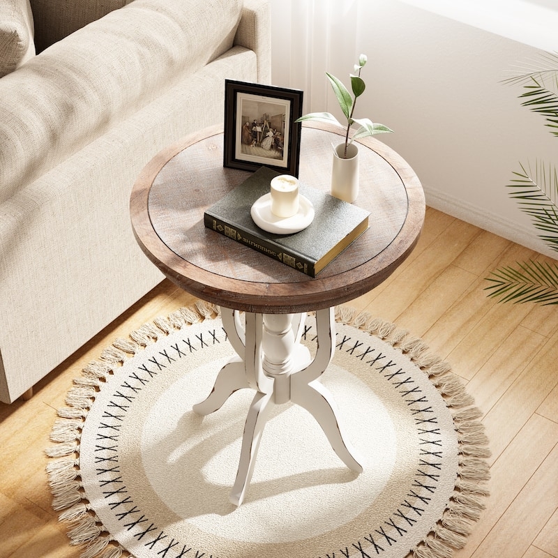 End Table White Fluted Drum Base Natural Wood Top
