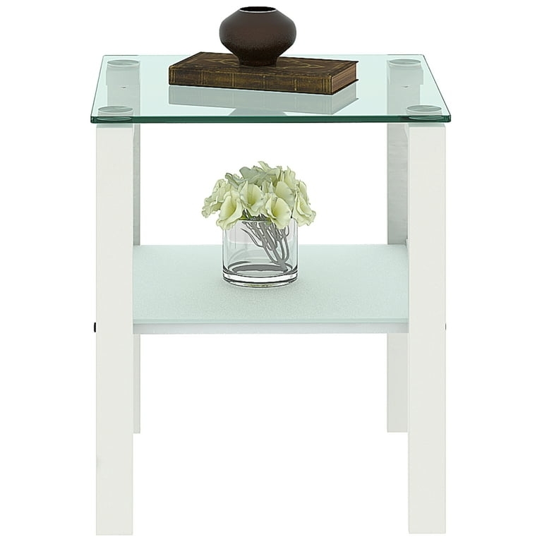 End Table White Metal Frame Glass Top Square Minimalist Side Table