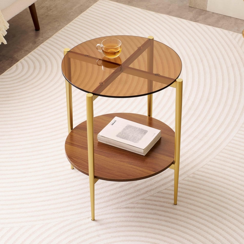 End Table with Amber Glass Top & Gold Legs, Mid-Century Round Table