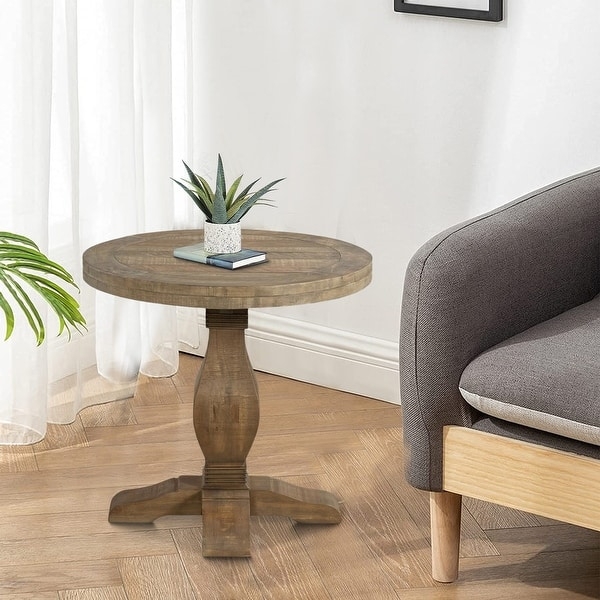 End Table with Carved Silhouette, Round Wood Top, Cross Base