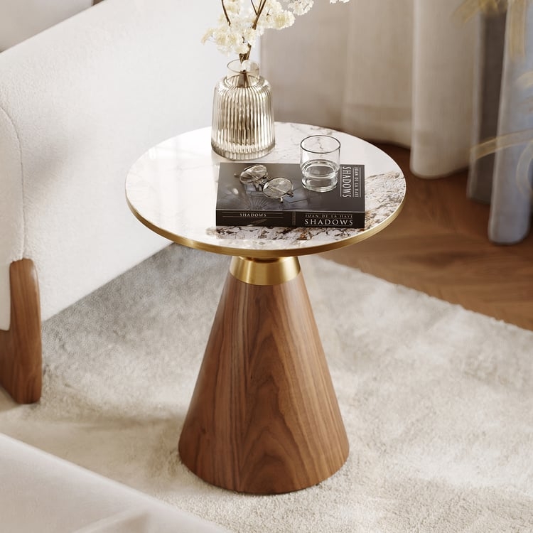 End Table with Conical Walnut Base and Marbled Stone Top Accent Table