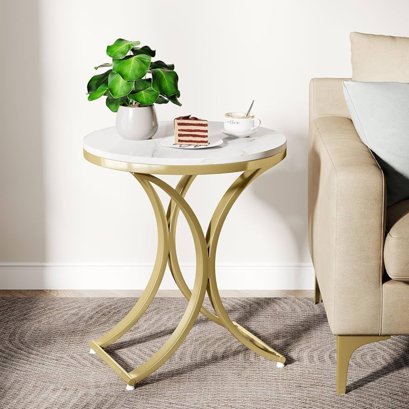 End Table with Curved X-Frame Base and Faux Marble Top