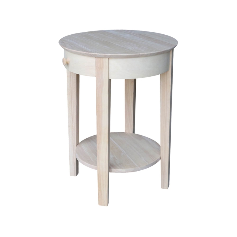 End Table with Drawer Shelf, Natural Wood Round Shaker Style