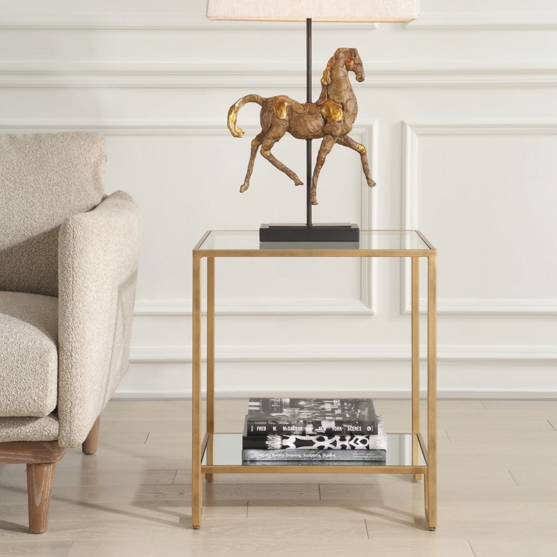 End Table with Mirrored Lower Shelf, Square Two-Tier Gold Metal Frame