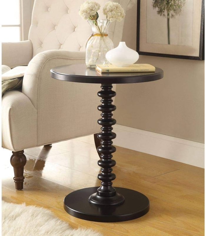 End Table with Sculptural Stacked Disc Design, Matte Black Finish