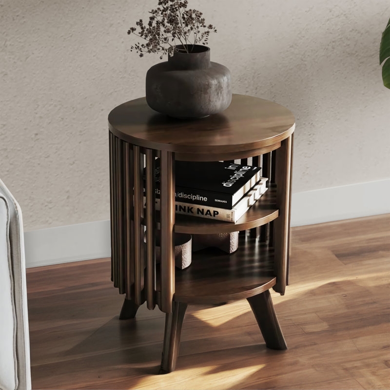 End Table with Slatted Side Panel, Round Dark Wood Tiered Table