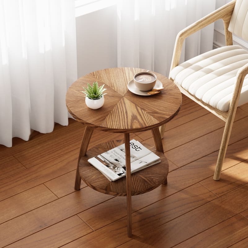End Table with Sunburst Grain Top & Shelf, Round Wood End Table
