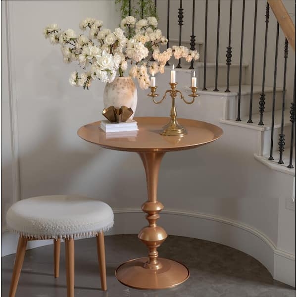 End Table with Turned Gold Pedestal Base, Sculpted Metal Accent Table