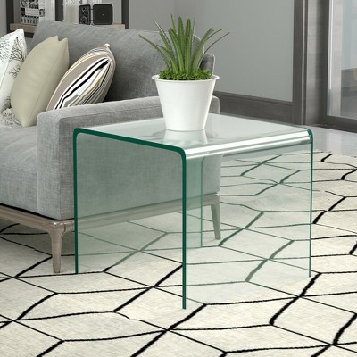 End Table with Waterfall Edge and Bent Glass Minimalist Sofa Side Table