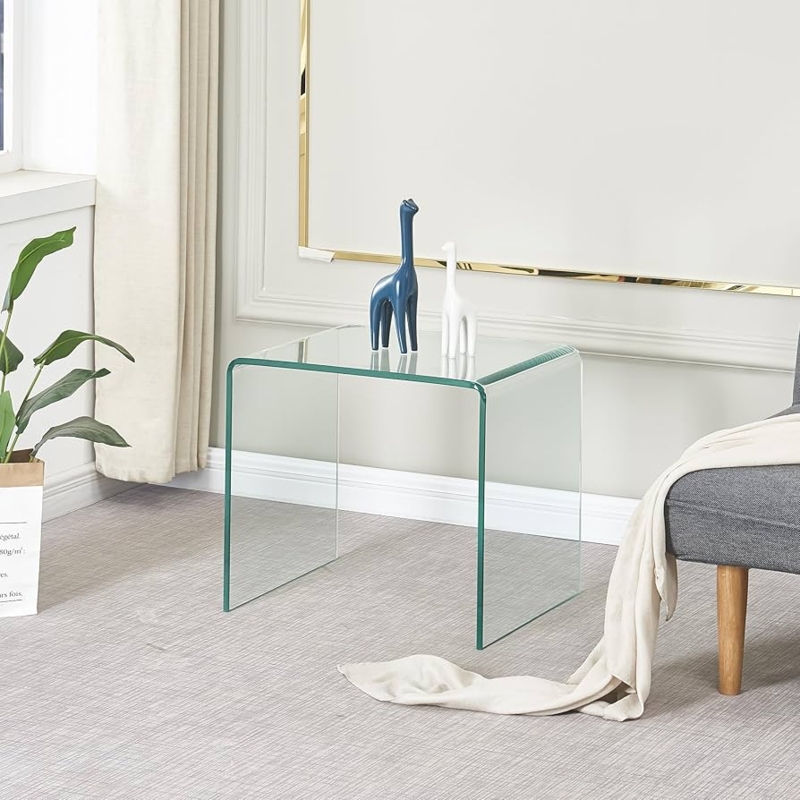 End Table with Waterfall Silhouette, Clear Bent Glass Minimalist Design
