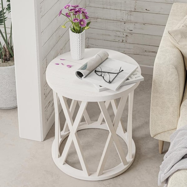End Table X-Motif Legs Whitewashed Round Farmhouse Wood Accent