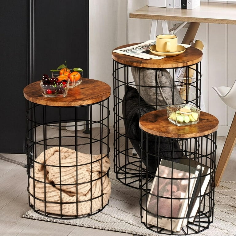 End Tables Round Wire Basket Base Rustic Wood Tops Storage Set
