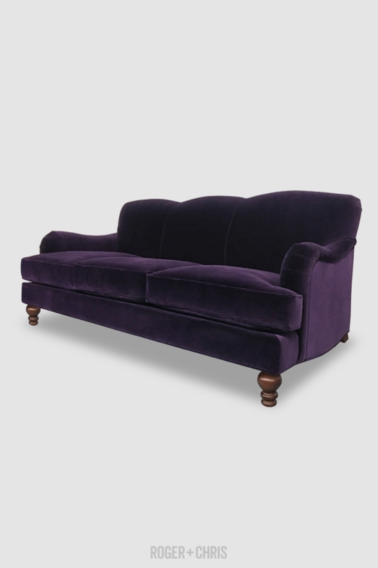 English Roll Arm Sofa Tight Back Deep Purple Velvet Turned Legs