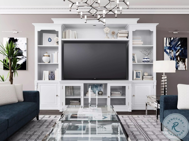 Entertainment Center Antique White Finish Glass Hutch Transitional