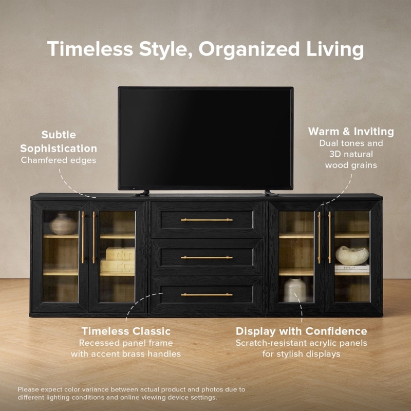 Entertainment Center Black Oak Finish Brass Accents Recessed Panel Frame