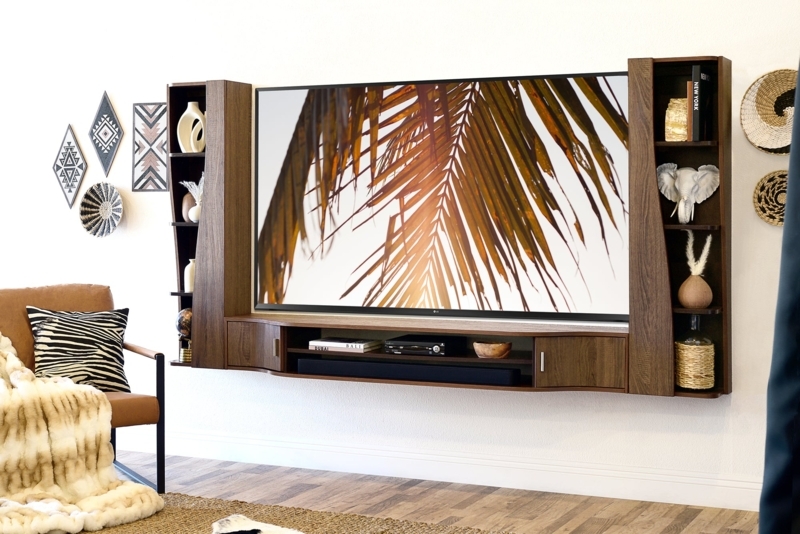 Entertainment Center Dark Walnut Curved Vertical Towers Wall Mount