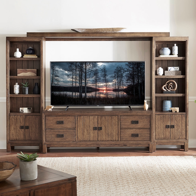 Entertainment Center Distressed Wood Finish with Bridge Shelf Farmhouse