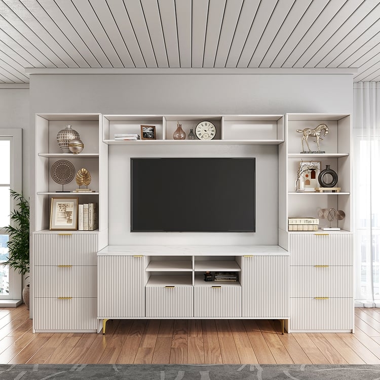 Entertainment Center Fluted Panels Gold Toned Hardware Modular