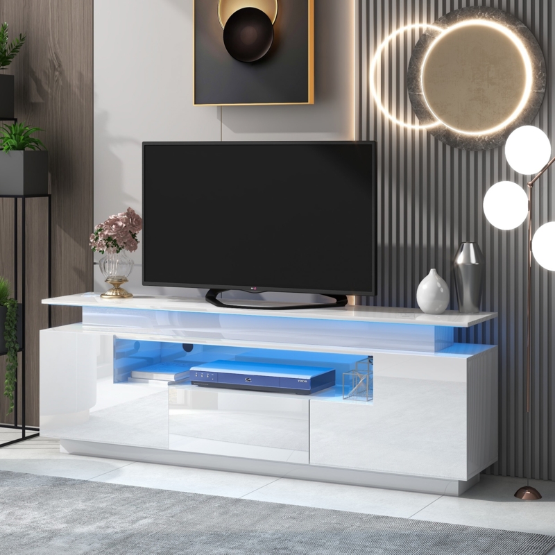 Entertainment Center High Gloss White Blue LED Tiered Top