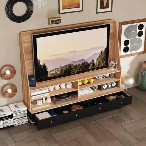 Entertainment Center in Rough Sawn Oak with Four Black Drawers.